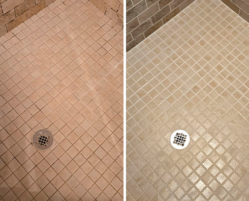 Shower Before and After a Grout Sealing in Wall, NJ